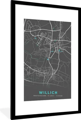 Produktbild von MuchoWow® Gerahmtes Poster Stadtplan - Karte - Willich - Blau - Deutschland - Karte 60x90 cm - Poster mit Schwarzem Bilderrahmen Wandposter Rahmen Foto Bilder - Dekoration - Wandposter Wohnzimmer - Hochwertig