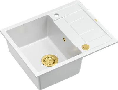 Produktbild von QUADRON Spülbecken 1-Becken Spüle | Größe: 62 x 50 x 22 cm | MORGAN 116 | Küchenspüle Granitspüle aus GraniteQ mit Siphon | Weiß & Golden