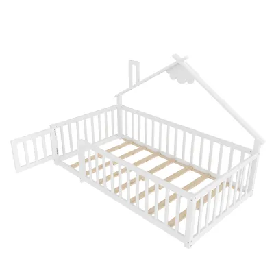 Obrázek produktu pro okwish Dětská postel 90×190, juniorské lůžko s domečkovým rámem, dřevěná postel s bezpečnostní zábranou, z borovicového dřeva, bílá (bez matrace)