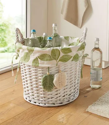 Image de Panier de rangement "Feuilles" en osier, blanc, grand panier en osier, rond, panier à jouets, panier de rangement pour salon, cuisine & salle de bain