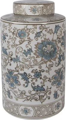 Image de Clayre & Eef Vase avec couvercle Ø 18x30 cm Blanc Bleu Céramique