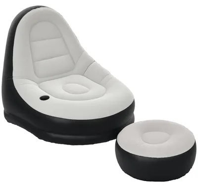 Produktbild von Aufblasbarer Sessel Luftsessel Outdoor-Sessel mit passender Fußstütze, ergonomisch geformt, Becherhalter, dicker stoßfester Kunststoff, faltbar zum Verstauen, Grau+Schwarz, 125 x 100 x 87 cm