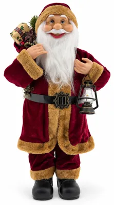 Imagen del producto de Benza – Papá Noel con linterna y bolsa de regalos – 60 cm – Color burdeos y marrón – Adorno navideño de pie – 1 unidad