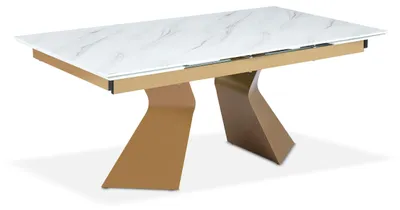 Image de MENZZO Table à manger extensible Icaria en Verre effet Marbre Blanc et pieds Or