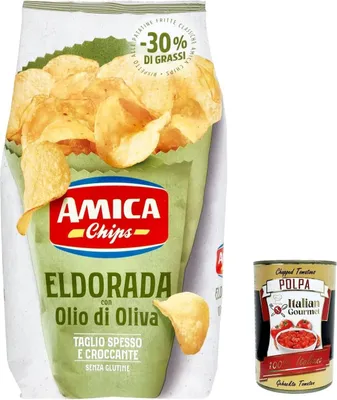 Produktbild von 20x Amica Chips Eldorada Chips mit Olivenöl Kartoffelchips gesalzen 130g Kartoffel + Itlaian Gourmet polpa 400g