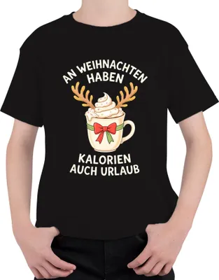 Produktbild von An Weihnachten haben Kalorien lustig Geschenk Kaffee Rentier Uni Kinder T-Shirt, Schwarz, 152