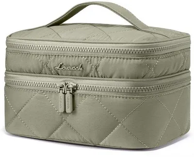Image de Trousse de voyage avec renfort vert, grand accessoire de voyage, trousse de toilette de voyage à double fond, trousse de voyage pratique pour les produits de beauté, trousse de toilette de voyage imperméable avec poignée, trousse de toilette de voyage verte.