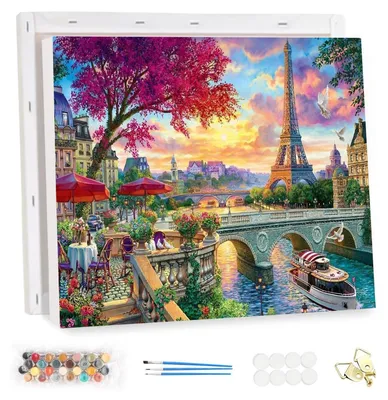 Produktbild von Malen nach Zahlen Erwachsene mit Rahmen Paris im Frühling 40x30cm DIY Set Acrylfarben Leinwand