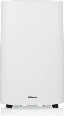 A white dehumidifier with wheels on a white background.