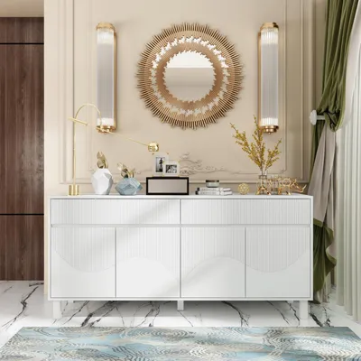 Image de Buffet blanc, 4 portes, 2 tiroirs, 160x40x75 cm, en MDF, meuble de rangement