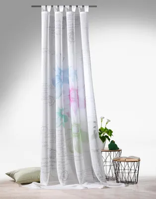 Produktbild von heimtexland ® Schlaufenschal Vorhang Leinen Natur Transparent Deko Gardine HxB 255x140 cm Blumen Lettering Pastell Typ756 Bunt