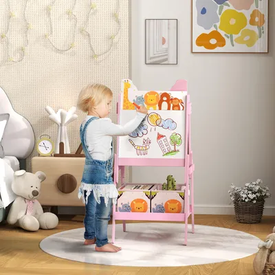 Produktbild von Sweiko 2-in-1 Kindermalstaffelei mit Whiteboard, Kreidetafel, Aufbewahrungsboxen, für Kinder im Alter von 3-8 Jahren, Rosa