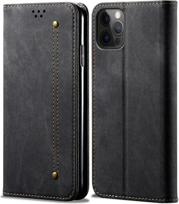 Produktbild von iPhone 14 Pro Max Hülle, Denim Leder Brieftasche Magnetverschluss Flip Bookstyle Schutzhülle mit Standfunktion für iPhone 14 Pro Max Schwarz
