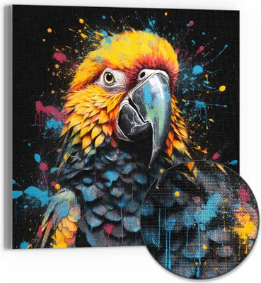 Produktbild von DEQOART Hybrid Leinwand Bild 30x30 cm 'Papageienfarbspiel' Wandbild Glas flach modern