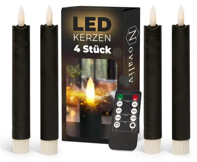 Produktbild von Stabkerzen LED mit Timer SCHWARZ 4 Stück indoor 6 Stunden - ECHTWACHS 18cm Höhe für Kerzen 2,2cm Durchmesser 2 AAA Batterien notwendig LED Stabkerzen flackernde Flamme bewegliche Flamme Licht