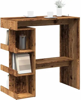 A wooden bar table with shelves against a white background.