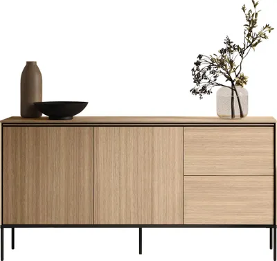 Produktbild von MIRJAN24 Türkommode Visso 2D2S VI-04, Stilvoll Wohnzimmer, Kommode mit zwei Drehtüren und zwei Schubladen (Farbe: Lineare Eiche)