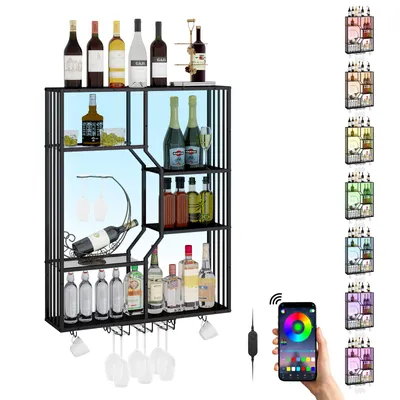 Image de Puluomis Étagère murale LED 100cm avec éclairage RGB & contrôle par app, étagère éclairée, verre de sécurité de 5mm, y compris 2 supports pour tasses & verres à vin