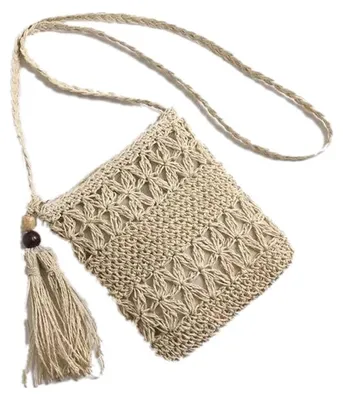 Produktbild von Strohtasche, handgestrickt, quadratische Form, Quasten, gewebte Tasche für Stranddates, Beige