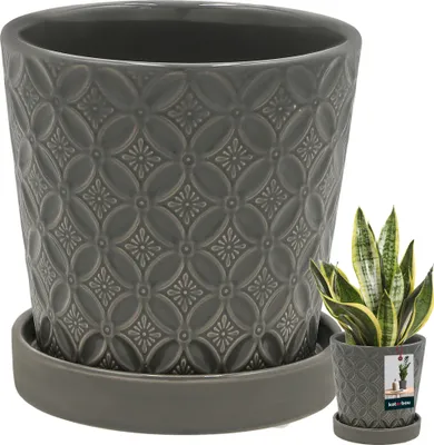 Produktbild von KOTARBAU® Pflanzentopf mit Untersetzer Grau ⌀ 13 cm Höhe: 15 cm Glasierte Keramik Blumentopf Keramik groß Plant Pot Kaktus Topf mit Untersetzer Übertopf mit Untersetzer Blumentöpfe Keramik