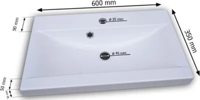 A white ceramic sink with dimensions indicated by arrows and measurements.