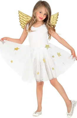 A young girl wearing a white tutu with gold stars and gold angel wings.