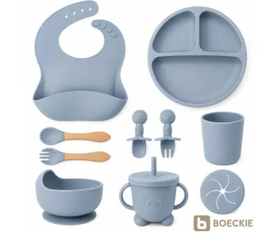Produktbild von BOECKIE Silikon Babygeschirr Set 9-teilig mit Saugnapf BPA-frei Bleu
