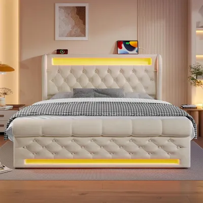 Produktbild von Polsterbett mit Hydraulisches und LED-Leuchten Doppelbett Jugendbett Samt 140x190cm Beige