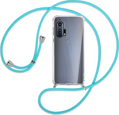 Produktbild von Handykette Backcover-Schutzhülle mit Band (Metall silberfarben) für Motorola Edge Plus - türkis