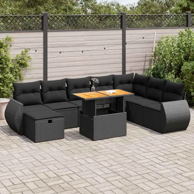 Produktbild von Möbel 9-tlg. Garten-Sofagarnitur mit Kissen Schwarz Poly Rattan - Gartenmöbelgarnituren 3328070
