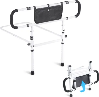 Produktbild von Bettaufstehhilfe Senioren Bettgitter Aufstehhilfe mit 2 Stützbeinen & Befestigungsgurt Bettgeländer Höhenverstellbar von 740 bis 930mm Schutzgeländer für Queensize- Doppel- & Einzelbett