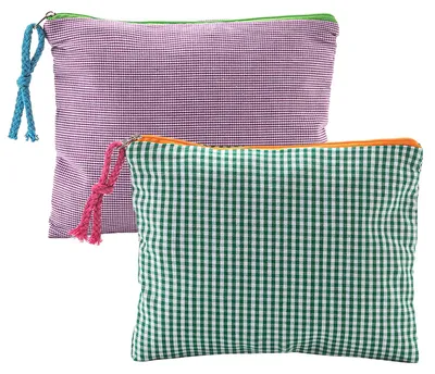2er Set Make-up Taschen, Karo, 16x21 cm, Grün & Lila
