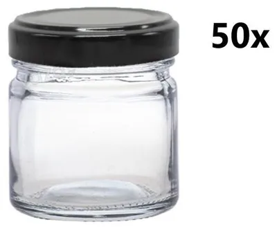 A clear glass jar with a black lid is shown against a white background, with the text '50x' to the right.