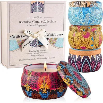 Image de Coffret cadeau de bougies parfumées, cire de soja, parfum floral, boîte de style bohème, lot de 4