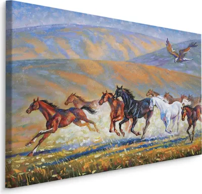 Produktbild von Fabelhafte Canvas LEINWAND BILDER 100x70 cm XXL Kunstdruck Berge Pferde Adler Feld