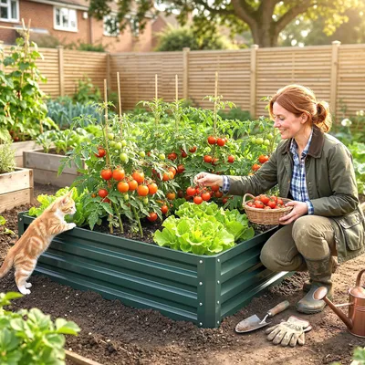Produktbild von Hochbeet Stahl quadratisch, Gartenbeet verzinkter Stahl rostfrei, Pflanzkasten Gemüsebeet, Dunkelgrün | 120x120x30 cm | 5,2 kg | offener Boden