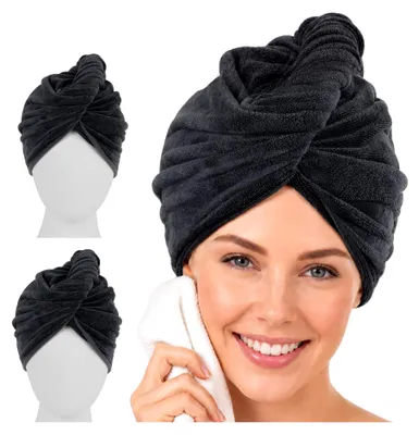 Produktbild von 3 Stück Mikrofaser Handtuch Haare – Haarturban mit Knopf, Super Saugfähiges Haarhandtuch aus Mikrofaser 400GSM, Schnelltrocknender Turban Handtuch für Lange Locken Kurze Haare Damen Dunkelgrau