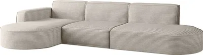 A beige sectional sofa with a chaise lounge.