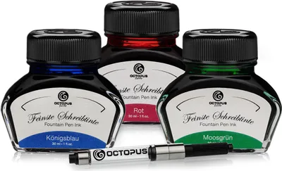 Produktbild von 3 x 30 ml Octopus Schreibtinte mit Tinten-Konverter, Königsblau, Rot und Moosgrün
