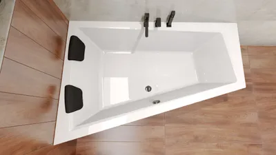 Zdjęcie produktu dla Wanna Akrylowa Zestaw 4w1 Asymetryczna 150x85 Lewa Biała + Czarny Zagłówek, Nowoczesny Premium Syfon i Nogi (stelaż) w komplecie | BADLAND INTIMA