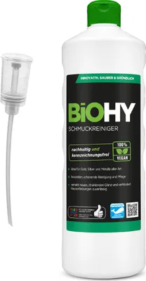 Produktbild von BiOHY Schmuckreiniger (1l Flasche) + Dosierer | AKTIVE GLANZFORMEL | Konzentrat für jedes Ultraschallgerät | Nachhaltige und schonende Reinigung für Uhren, Schmuck und Edelmetalle
