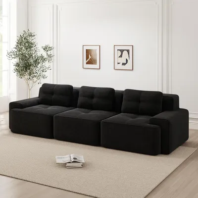 Zdjęcie produktu dla Modułowa sofa Boneless Cloud, sofa narożna i trzyosobowa z głębokim siedziskiem, wygodna sofa z tkaniny corduroy, gotowa do użycia w salonie, czarna