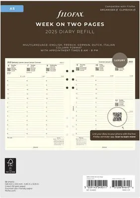 Image de Recharge d'agenda FILOFAX 2025 - A5 - 1 semaine = 2 pages - coton crème multilingue - 25-68513
