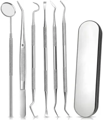 Produktbild von 12 PCS Zahnreinigungs Set Edelstahl Zahnarztbesteck, Zahnarztspiegel, Mundspiegel, Zahnpinzette, Zahnsonde, Zahnstein Selbst Entfernen