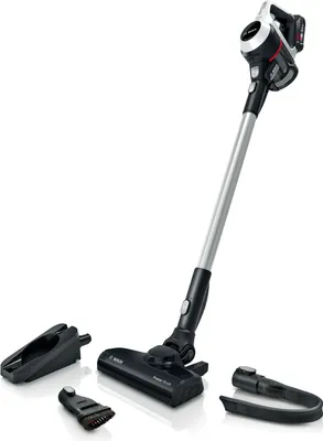 A Bosch Serie 6 cordless stick vacuum cleaner with various attachments is displayed against a white background.