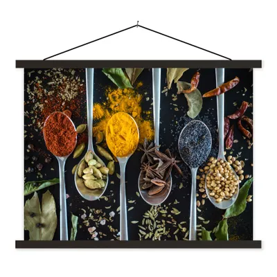 Produktbild von MuchoWow® Textilposter Löffel - Gewürze - Kräuter - Essen - Tisch 150x113 cm mit schwarzem Rahmen - Wohnzimmer