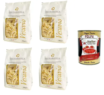 Produktbild von Pietrabianca, Pasta di Semola Artigianale trafilata al bronzo handgefertigte, aus Bronze gezogene Grießnudeln „Casarecce“ 4x500gr + Italian Gourmet polpa 400g