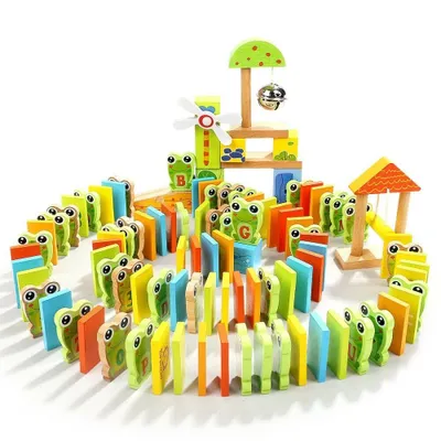 Produktbild von Topbright Domino Spiel Frosch Freunde aus Holz, 100 Dominosteine, Aufbewahrungseimer, 18x18x18cm