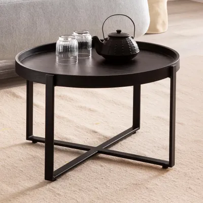 Produktbild von FineBuy Couchtisch Mango Massivholz rund Ø 60 cm Schwarz · Wohnzimmertisch mit Metallgestell · Handgefertigter Sofatisch im Industrial Japandi Design