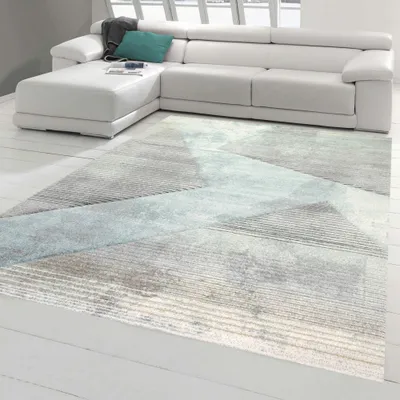 Produktbild von Moderner Teppich Wohnzimmer abstraktes Muster gestreift grau blau grün schwarz - pflegeleicht Größe - 140 x 200 cm